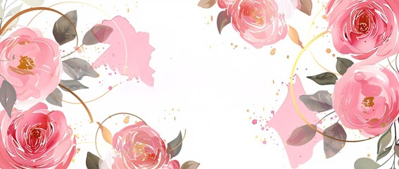 Abstract art background vector with pink flowers and golden circles on a white background
