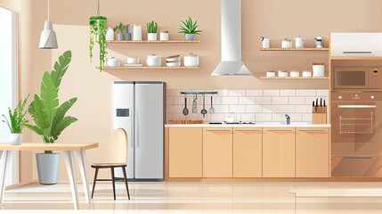 Interior of luxury comfortable kitchen room, Modern furniture with utensils, shelves with crockery and plants, refrigerator and table in simple minimal dining room. - obrazy, fototapety, plakaty