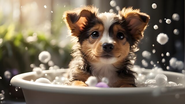 Cute puddle puppy dog in a small bathtub with soap foam and bubbles. The image should portray a realistic scene of a small bathtub filled with water, with a playful puppy inside. The puppy should be a