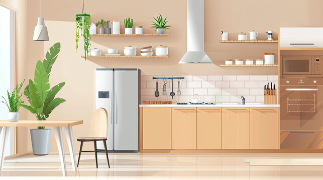 Interior of luxury comfortable kitchen room, Modern furniture with utensils, shelves with crockery and plants, refrigerator and table in simple minimal dining room.