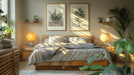Cozy Bedroom Interior at Sunset with Wooden Furniture and Plants
