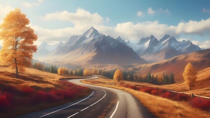 road to the mountains. English road leading to autumn mountain scenery, fictional landscape made with generative AI. The image should depict a winding road stretching into the distance, flanked by vib - obrazy, fototapety, plakaty