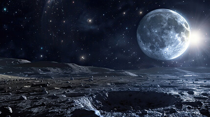 Space shutter on the moon on the surface of the planet, moon with perspective and planet earth globe in the background for astronomy concept as a wide banner.