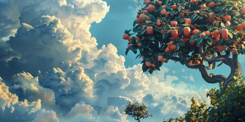 Majestic cumulus cloud in the sky with flowering strawberry tree with curved branches and vibrant green leaves created with Generative AI Technology - obrazy, fototapety, plakaty
