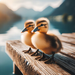 Close-Up of Two Funny Little Mallard Wild Ducklings on the End of a Wooden Residential Dock Pier on a Big Lake Relaxing & Chilling on a Nice Sunny Summer Day Waiting for Female Mother Duck. Wildlife. - obrazy, fototapety, plakaty