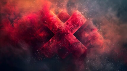 Mysterious Red Glowing X Symbol Amidst Smoke and Stars: Abstract Digital Art