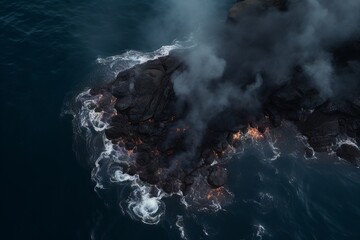 Burning lava in the ocean, view from a drone