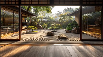 Traditional Japanese Zen Garden Viewed from Tatami Room