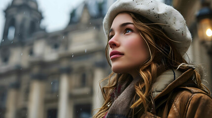 Attractive girl in a white beret looking at the French pantheon - obrazy, fototapety, plakaty