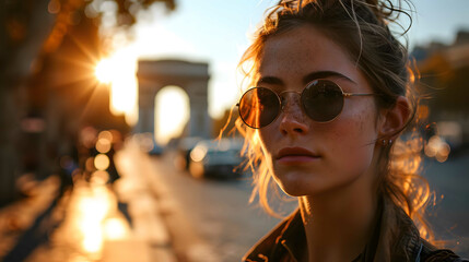 Beautiful girl with reflection in sunglasses of the Arc de Triomphe, Paris