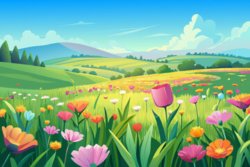 Beautiful meadow field with fresh grass and pink and yellow flowers in nature against a clear blue sky. Perfect summer spring natural landscape. pastel color, out of focus, 8k, photorealistic