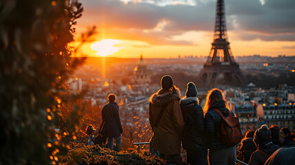 Tourists watching the sunset against the background of the Eiffel Tower from the viewing platform