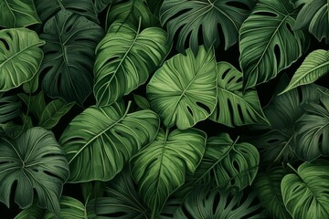 Green leaves of monstera and tropical plants close-up - obrazy, fototapety, plakaty