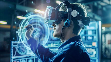 Fototapeta na wymiar Industry 40 An Engineering Employee Using VR in a Factory