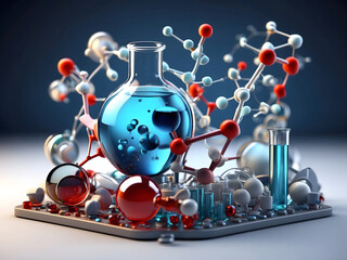 The medical science and pharmaceutical research concept features a stylized representation of molecules, laboratory equipment, and scientific symbol design.