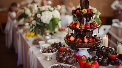 Chocolate Fountain And Fruits For Dessert At Wedding Table	
