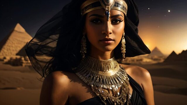 Egyptian princess in desert moonlight, shawl moves in breeze