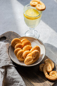 Palmiers or elephant ears, puff pastry cookies in the bowl