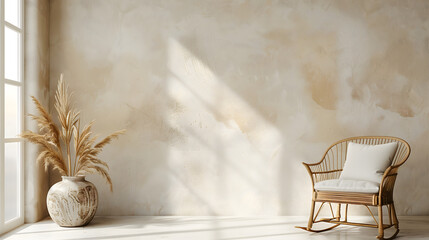 Empty beige wall mockup in boho room interior with wicker armchair and vase. Natural daylight from a window. Promotion background , with copy space for text - obrazy, fototapety, plakaty