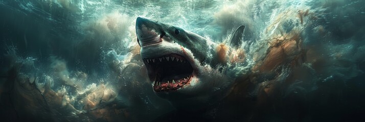 Stormy predator: Great white shark in the dark depths, jaws agape - obrazy, fototapety, plakaty