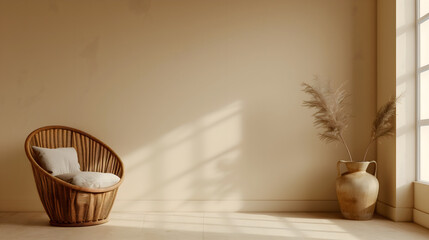 Empty beige wall mockup in boho room interior with wicker armchair and vase. Natural daylight from a window. Promotion background , with copy space for text