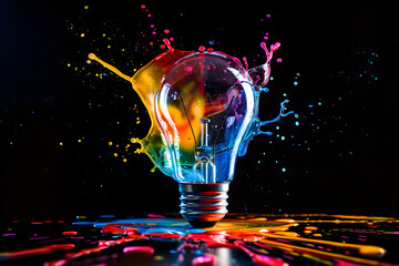 light bulb with color exploding from it