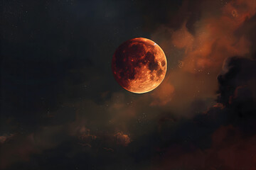 Fototapeta premium Moon Eclipse abstract background with a burning moon in the sky, glowing and shining in space, clouds and nebula, in the style of a fantasy illustration