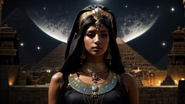 Egyptian princess in front of pyramids under moon