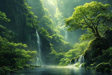 A beautiful green forest landscape view with a flowing river