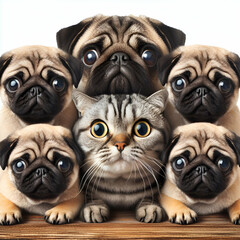 Funny Group Family, Wide-Eyed Cat Stuck Under Very Close to Six Wrinkly Short-muzzled Face Pug Breed Puppy Dogs Out in the Middle Selfie at Home Like a Rug Scarf. Pets Hide from Cold. Cozy Winter Fall