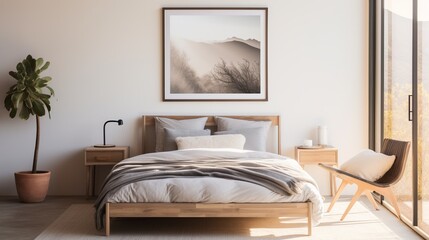 Cozy Bedroom with Wooden Bed Frame and Nature-Inspired Wall Art