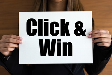 Click and win. Woman with white page, black letters. Game, internet, online, winning.