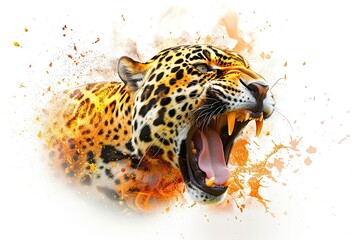 A jaguar roars with splash fire isolated on white 
