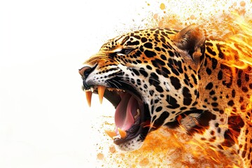 A jaguar roars with splash fire isolated on white 