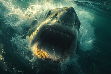 Fear-inducing exhibit: Great white shark demonstrates its powerful jaws in a dynamic display - obrazy, fototapety, plakaty