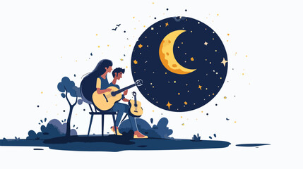 A girl playing guitar to a guy under moonlight