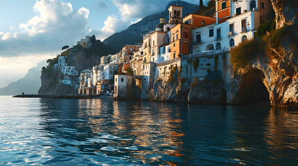 Naklejka premium Morning view of Amalfi cityscape on coast line of mediterranean sea, Italy