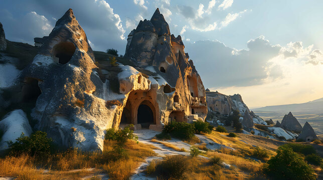 Uchisar castle in rock formation Cappadocia Nevsehir Province Turkey