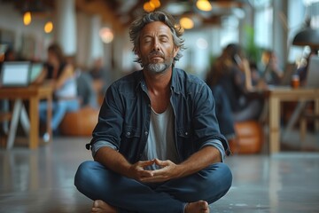 During the leisure event, the man is sitting on the floor in a lotus position with his eyes closed, his thumbs resting on his thighs, sharing a moment of relaxation and building inner peace - obrazy, fototapety, plakaty