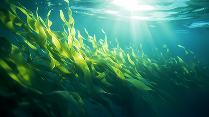 Fototapeta na wymiar Green bright algae growing underwater