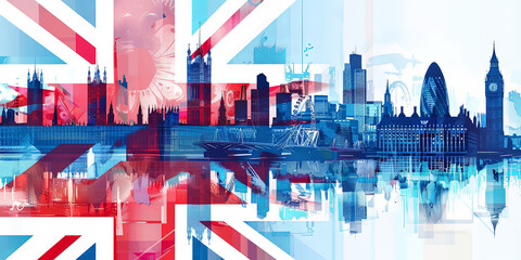 Futuristic Collage of London Landmarks and British Flag Themes - 768316763