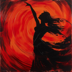 Dancing Silhouette Enveloped in Passionate Red Swirls of Abstract Expression