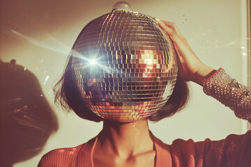 Vintage retro image of a person with a disco ball head. nightclub party portrait - 768316794