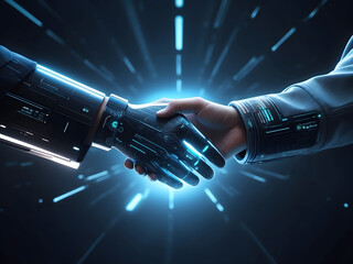 Digital futuristic style handshake, symbolizing partnership design, Experience the future with our digital handshake, symbolizing innovative partnership design.