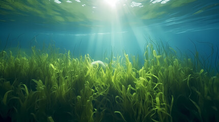 Green bright algae growing underwater