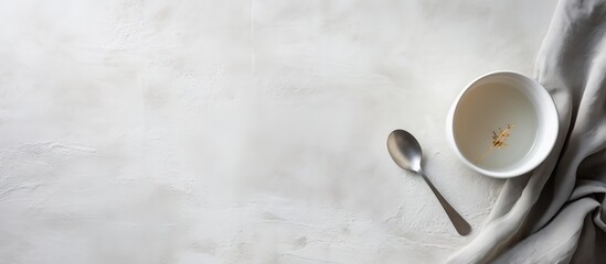 A white ceramic bowl filled with soup and a silver spoon placed neatly on a wooden table