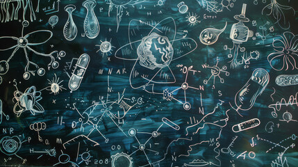 abstract background of blackboard with Biology drawings written in chalk --ar 16:9 Job ID: 2a16689f-7ca8-4bad-a685-a135648cb43f