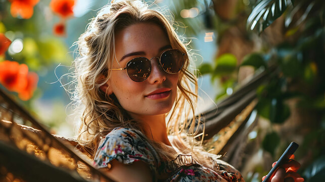 Smiling blonde woman with sunglasses using smartphone, lying relaxing on the hammock in the garden, free time and summer holiday concept to surf the internet or chat with friends usi