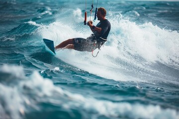 Fototapeta premium A kitesurfer in action on the turquoise waters under the bright sunlight, showcasing the thrill of water sports