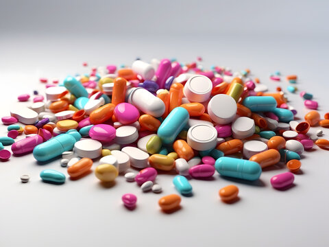 An assortment of colourful pills and capsules is scattered on a white background depicting medical treatment—3d design.